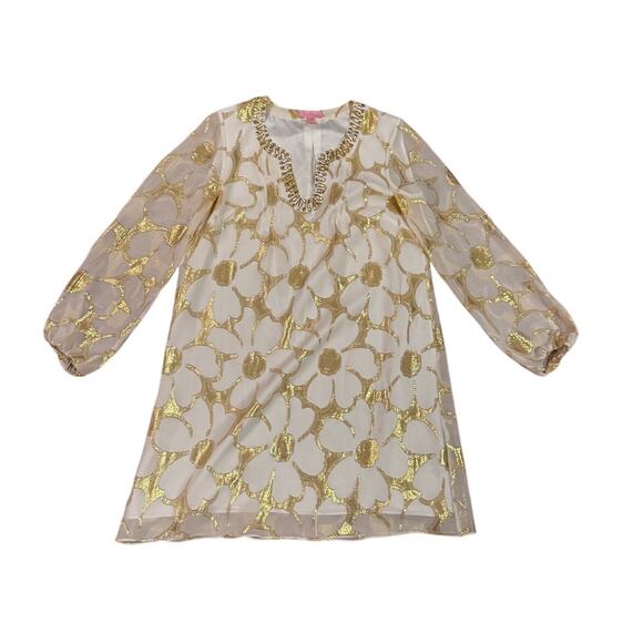 LILLY PULITZER Colby Tunic Dress in Gold Metallic Floral Silk Chiffon Size 4 - Picture 2 of 7